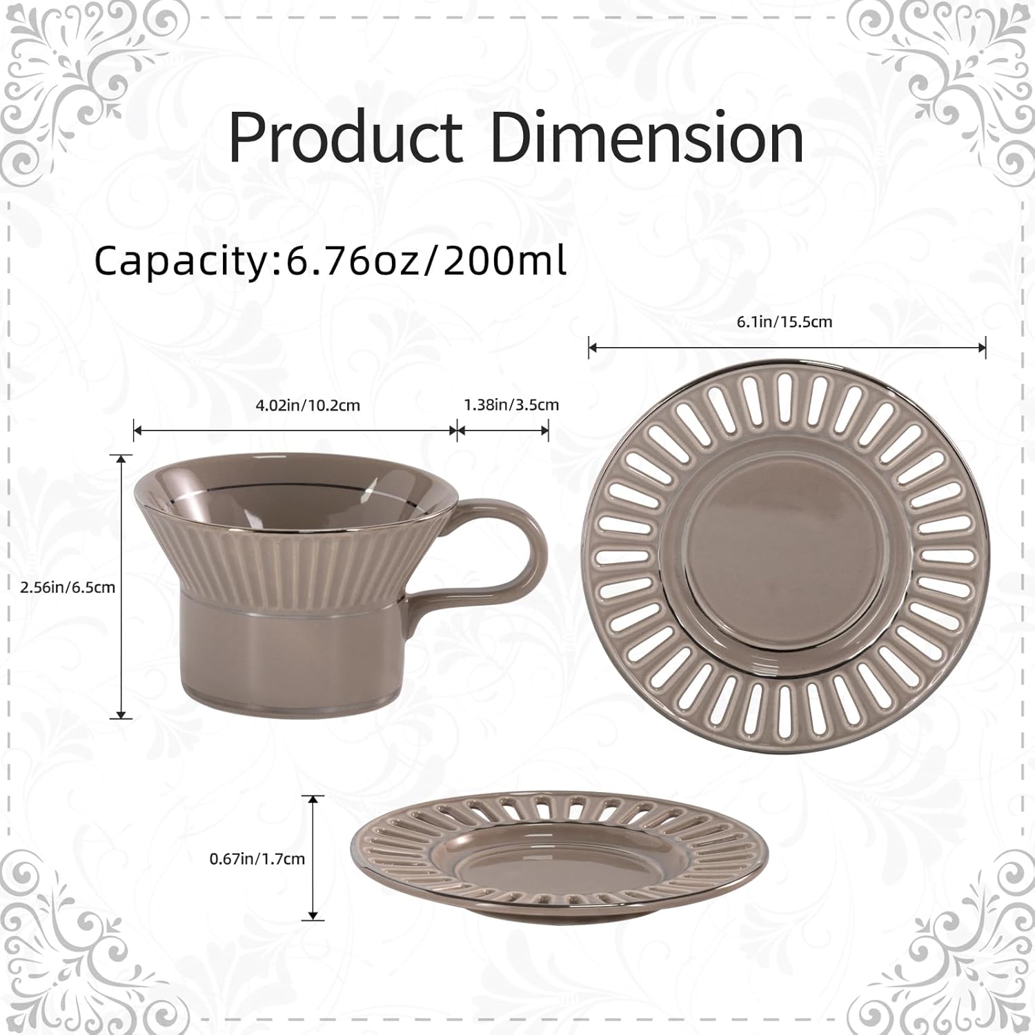 KAMMAK 6.7oz porcelain coffee cup and saucer set with gold trim