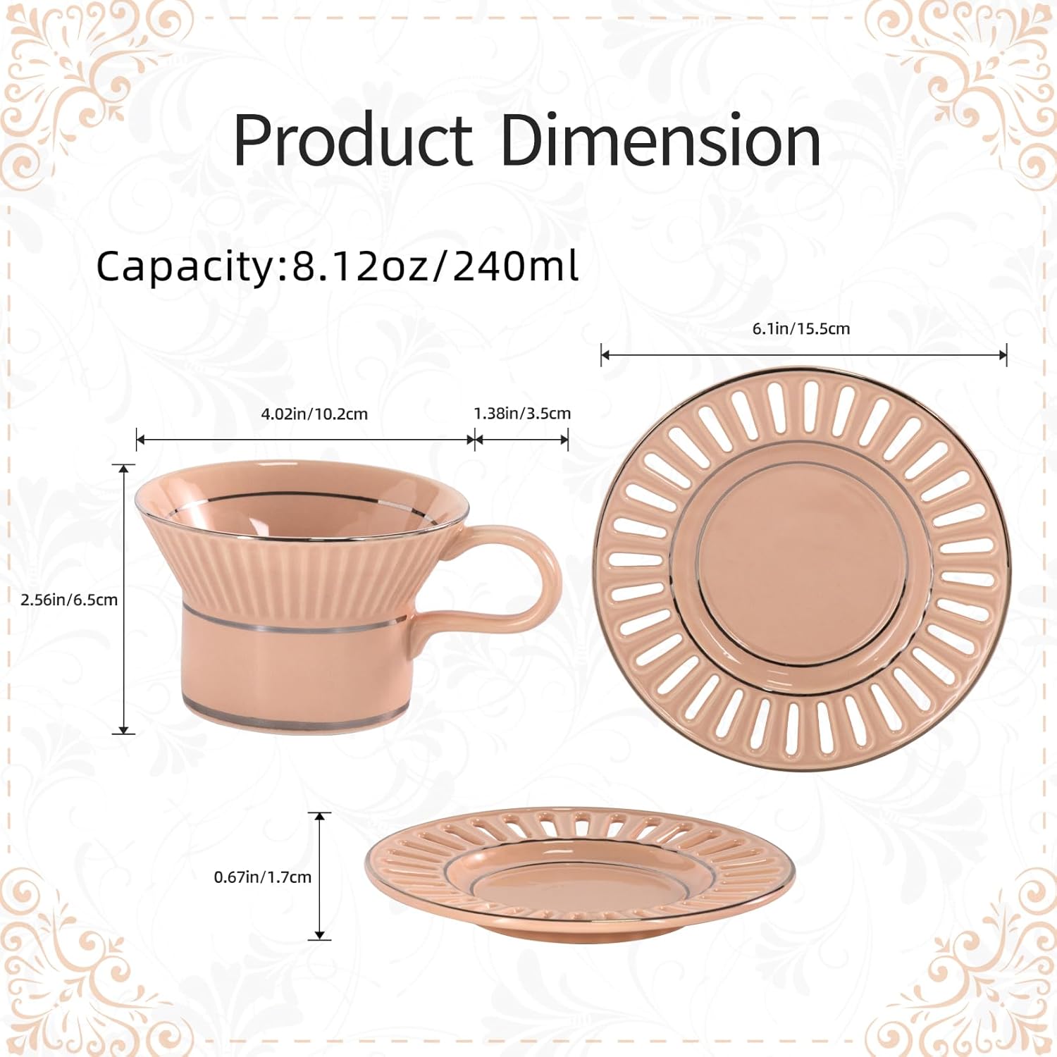 KAMMAK 6.7oz porcelain coffee cup and saucer set with gold trim