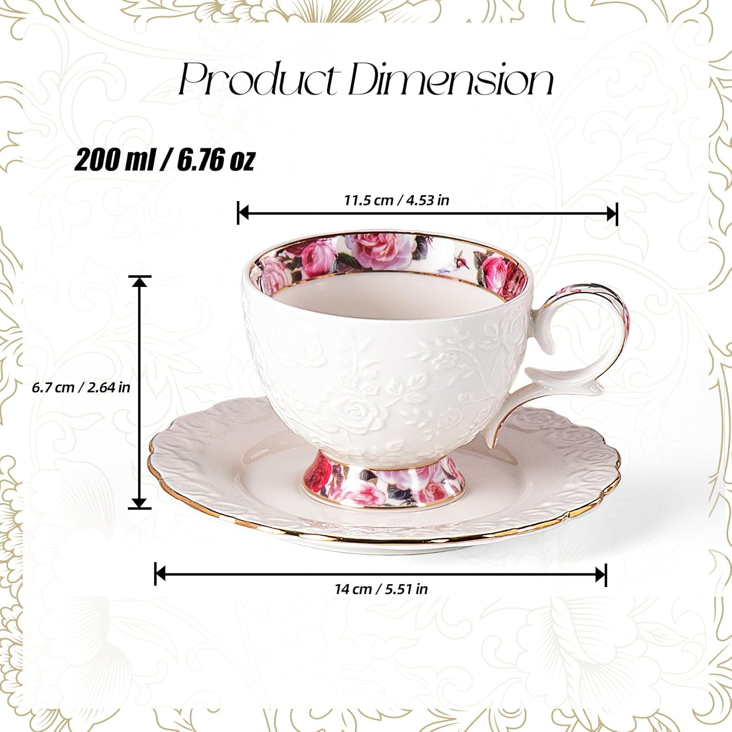 KAMMAK 6.76oz European-style coffee cup and saucer set with rose detail