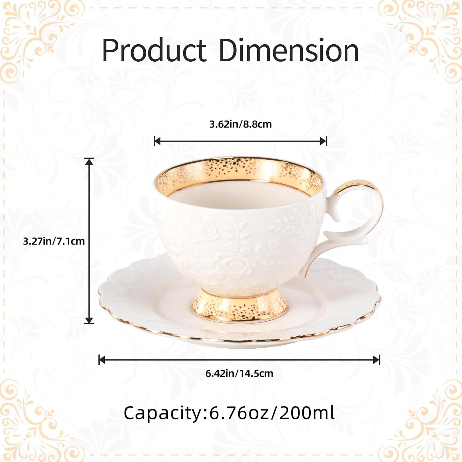 KAMMAK porcelain coffee cup and saucer set with gold trim and embossed rose design