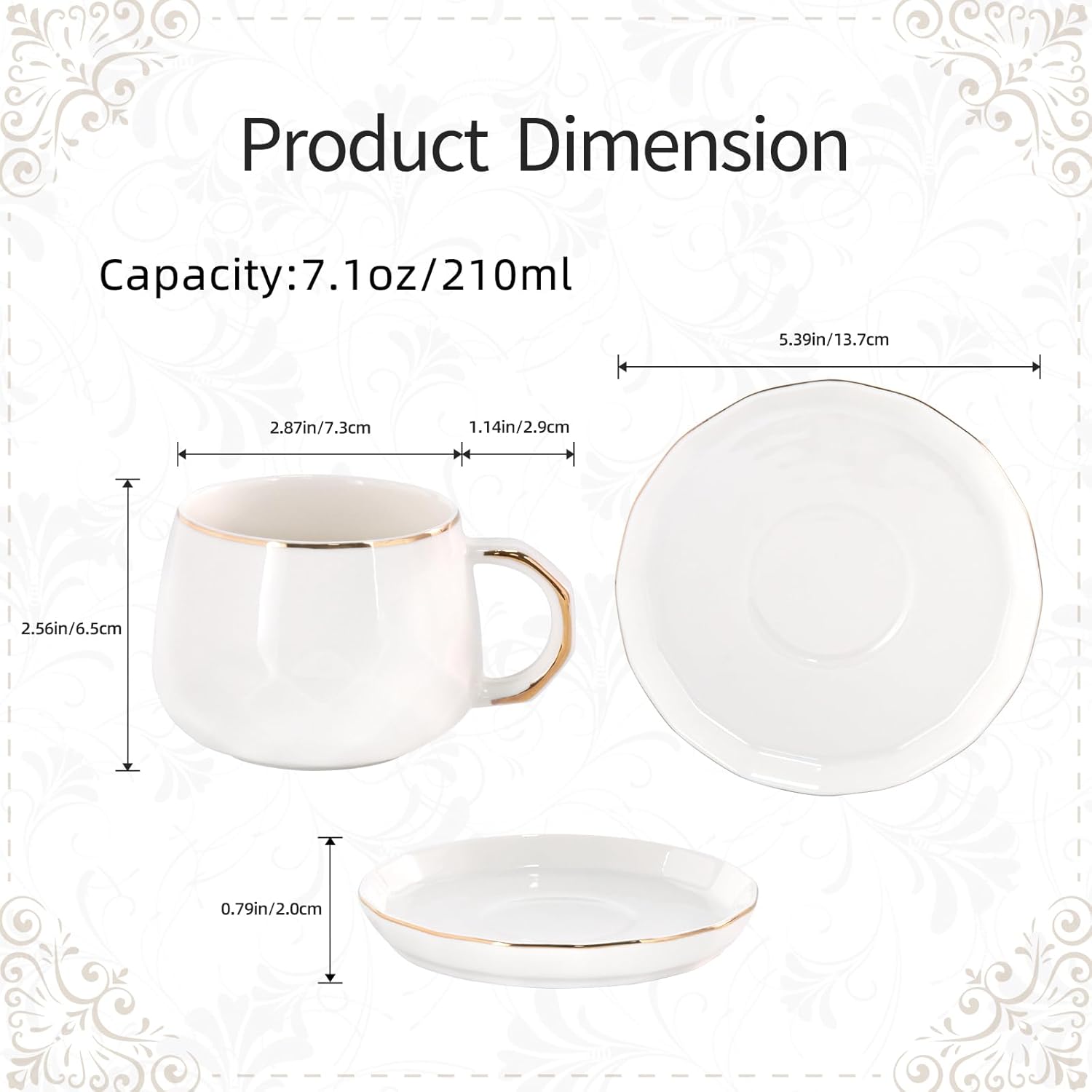 KAMMAK 7.1oz porcelain coffee cups with saucers set and gold-trim detail