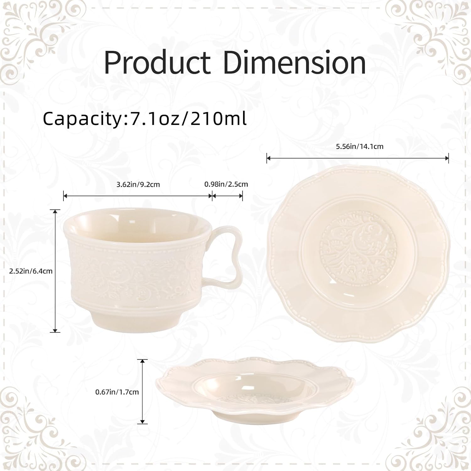 KAMMAK 7oz porcelain coffee cups with saucers set and embossed floral design