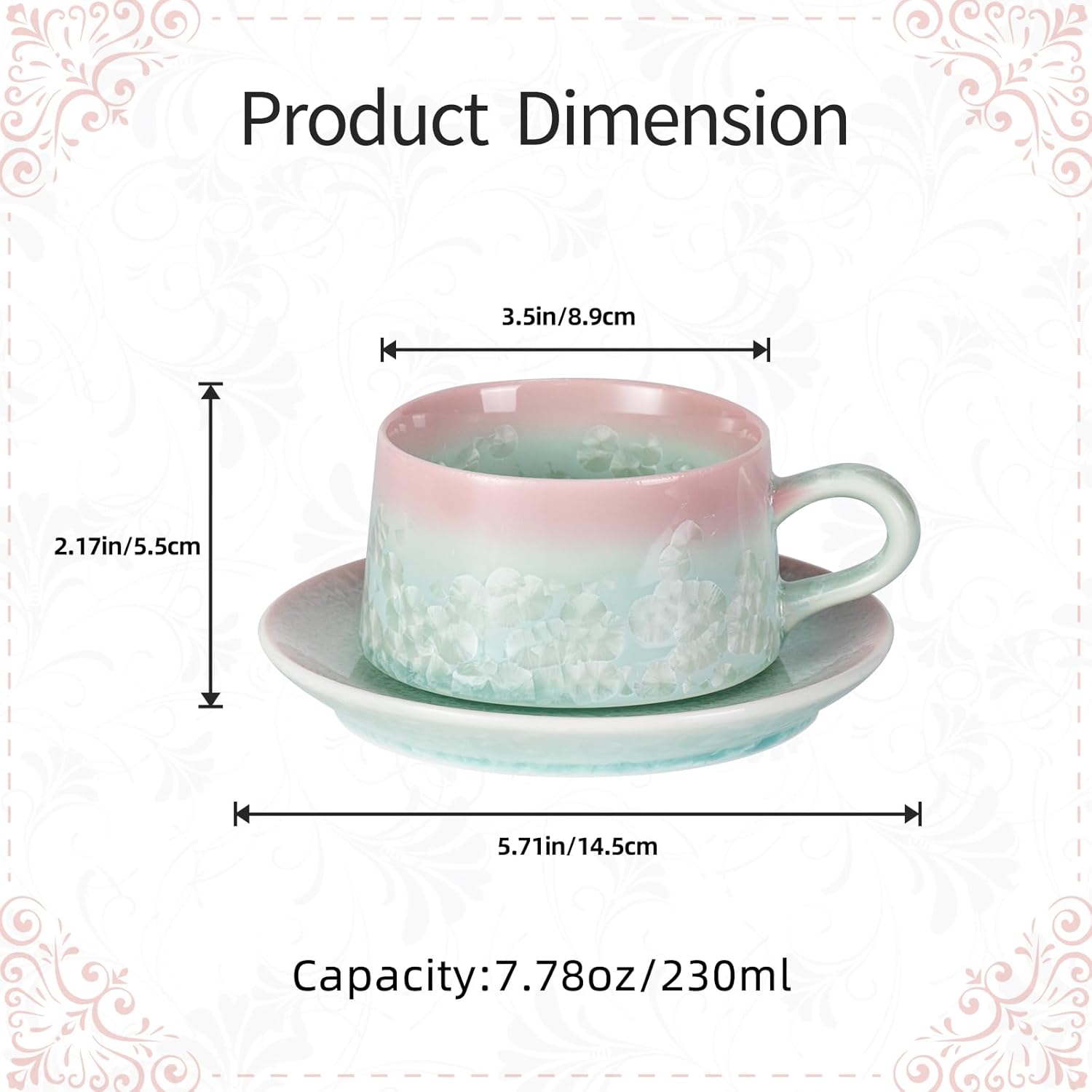 KAMMAK tea cups and saucers set of 2 - 7.7 oz porcelain coffee cups