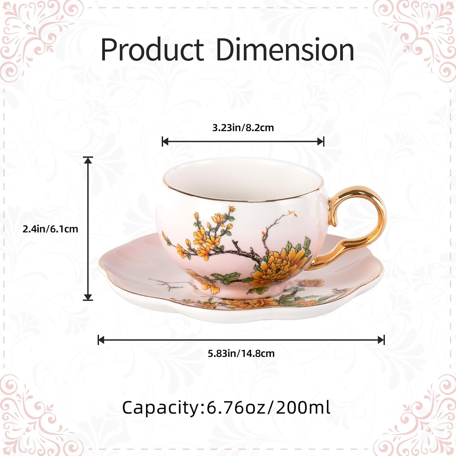 KAMMAK porcelain tea cups and saucers set with vintage-inspired design