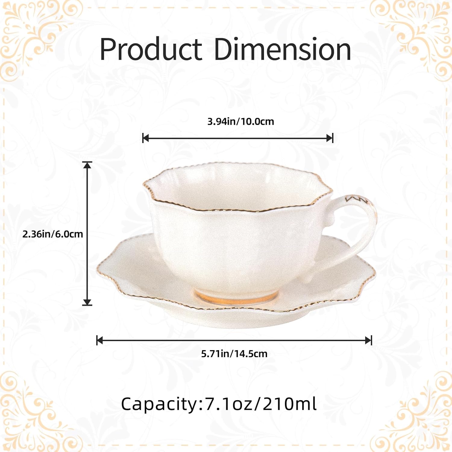 KAMMAK 7.1oz porcelain coffee cups with saucers set and embossed floral detail