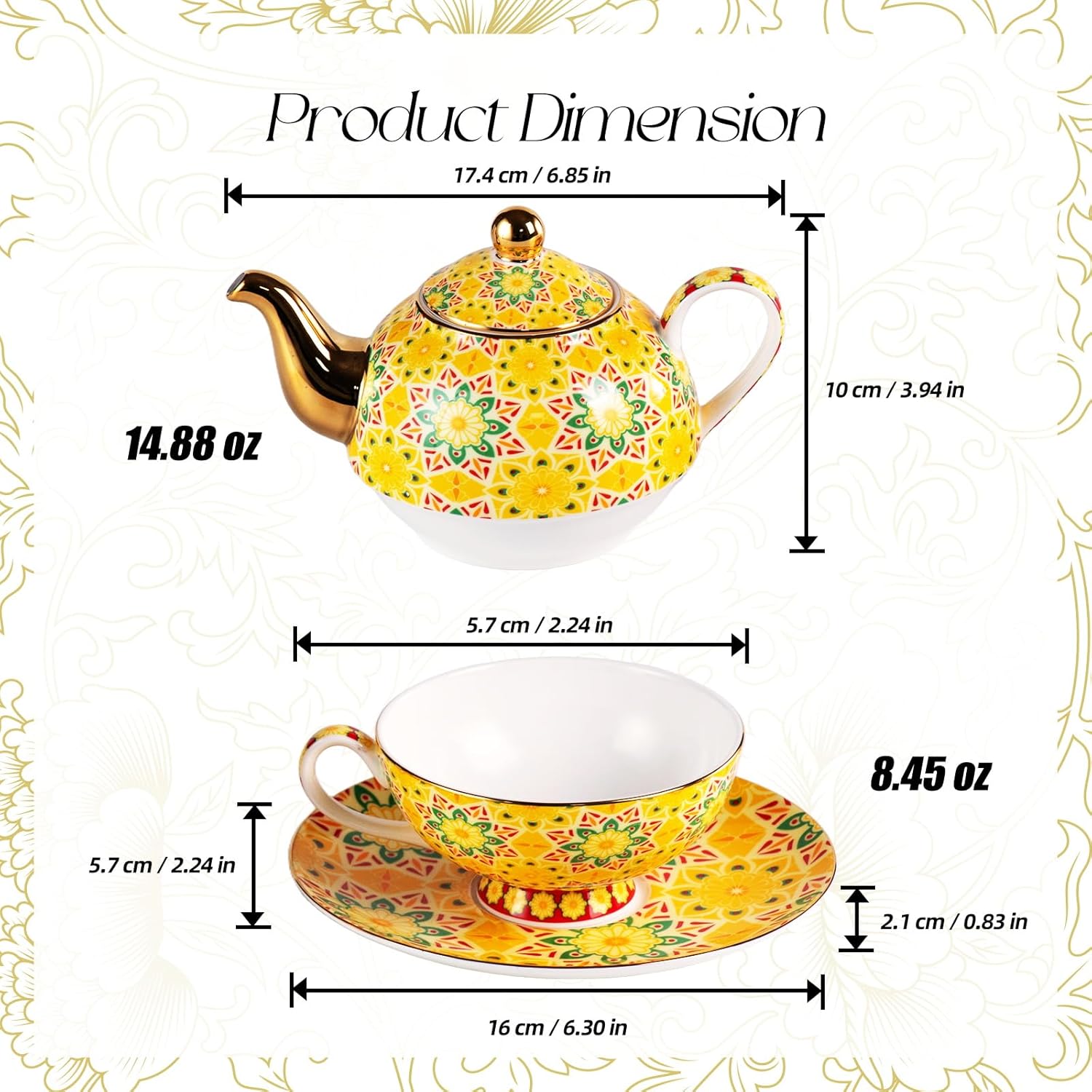 KAMMAK tea for one porcelain teapot and cup set - yellow tea pot and saucer set