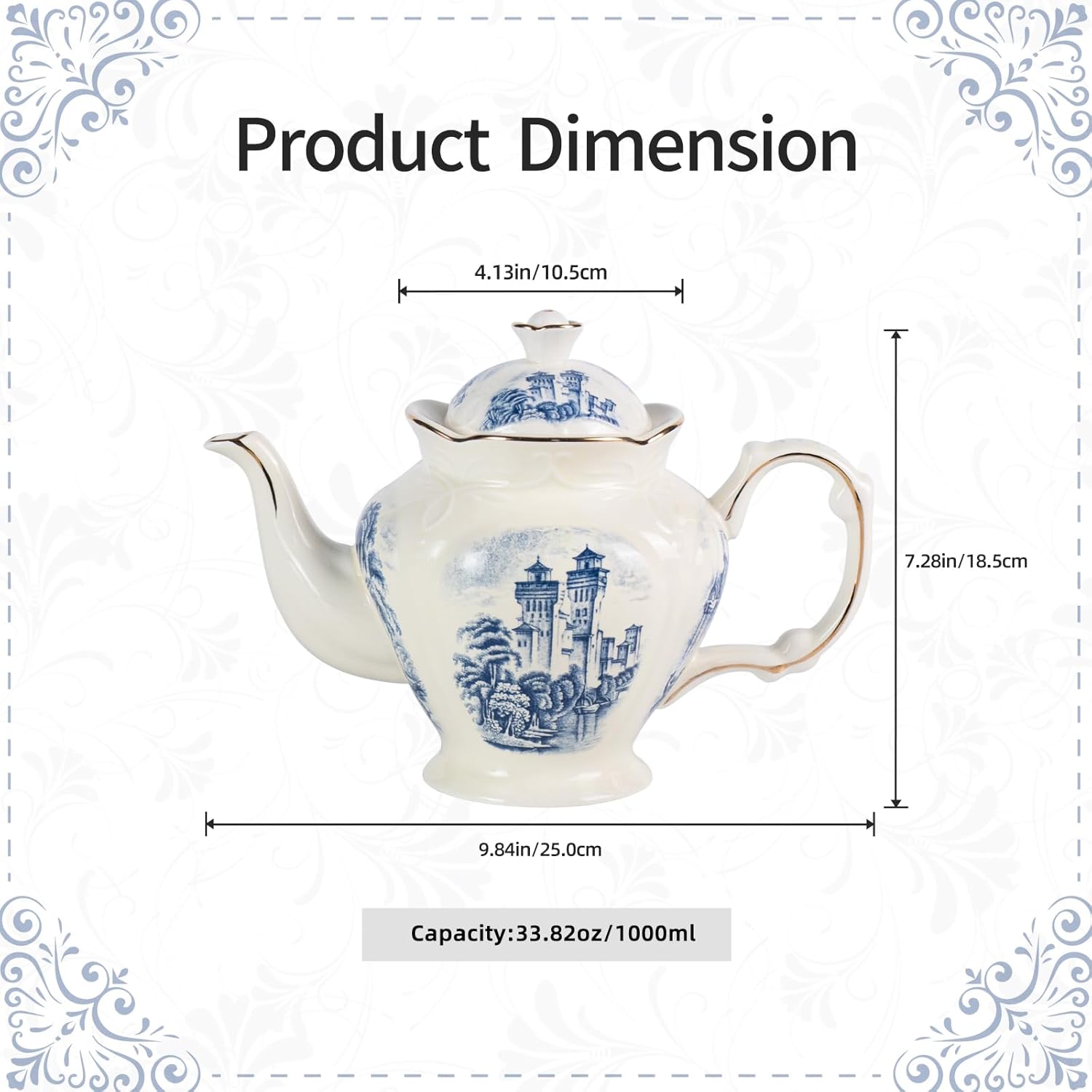 KAMMAK vintage porcelain flower teapot with handle and gold trim
