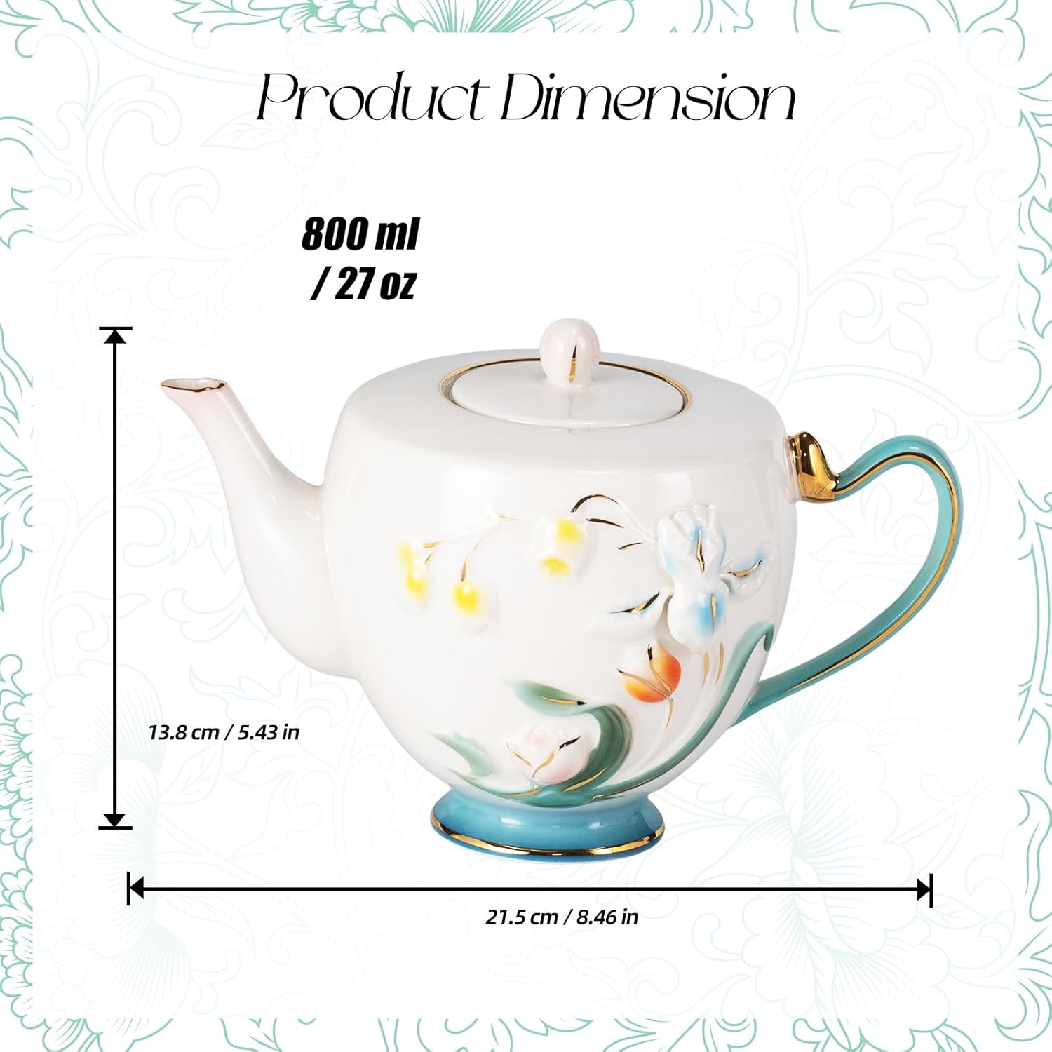KAMMAK vintage porcelain flower teapot with handle and gold trim