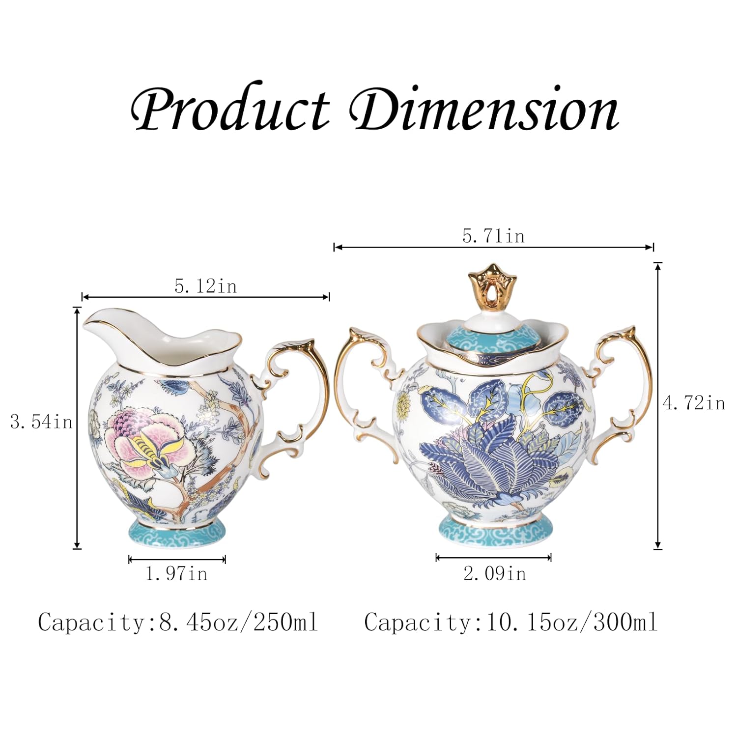 KAMMAK ceramic creamer and sugar set - creamer pitcher and sugar container with floral gold trim design