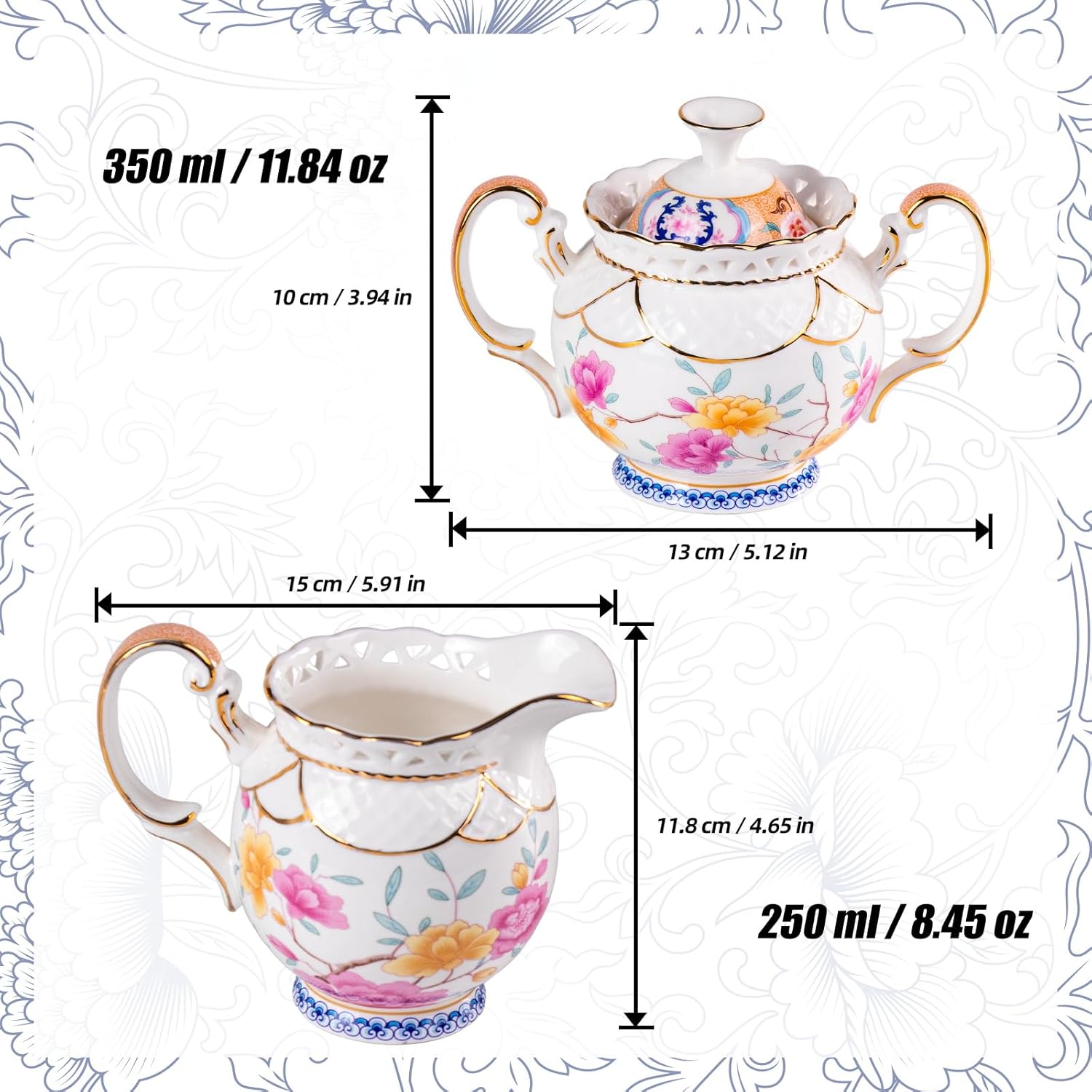 KAMMAK ceramic creamer and sugar set - creamer pitcher and sugar container with floral design