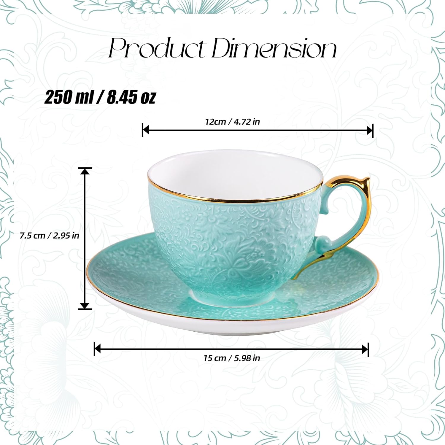 KAMMAK fine bone china tea cups and saucers set of 2, stackable coffee cups