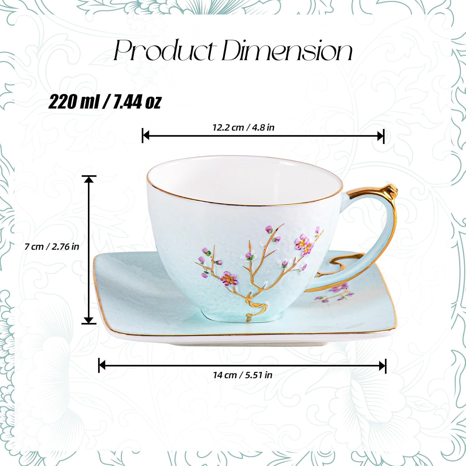 KAMMAK fine bone china tea cups and saucers set of 2, stackable coffee cups