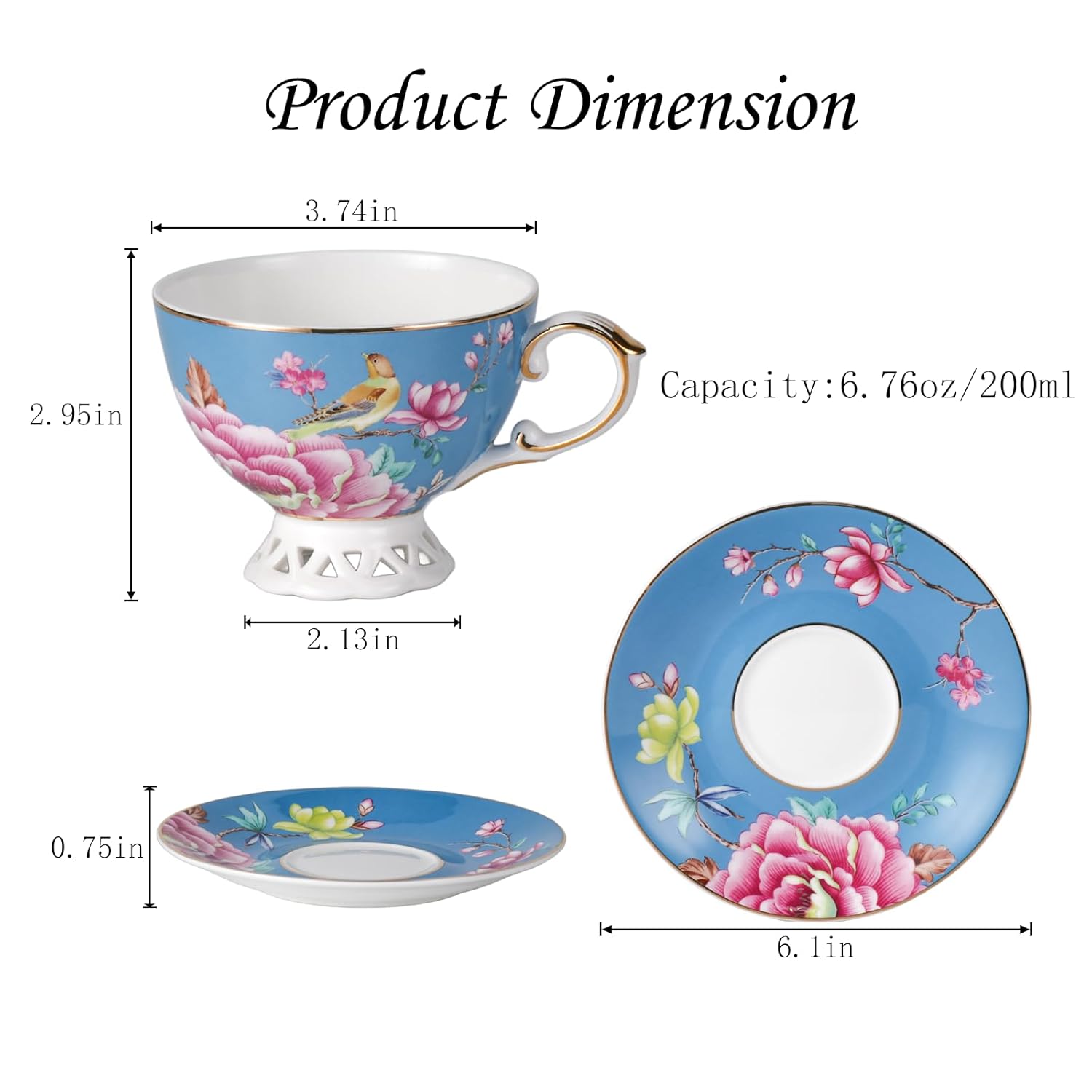 KAMMAK fine bone china tea cups and saucers set of 2, stackable coffee cups