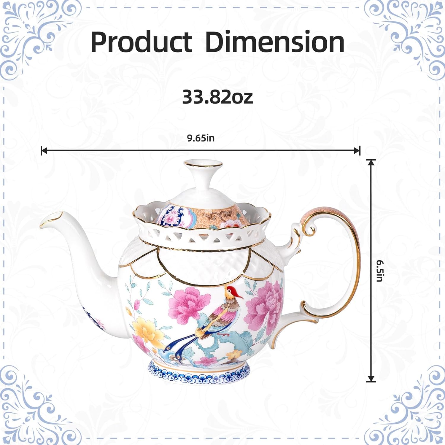 KAMMAK 33.82 oz porcelain teapot with gold trim and floral bird design