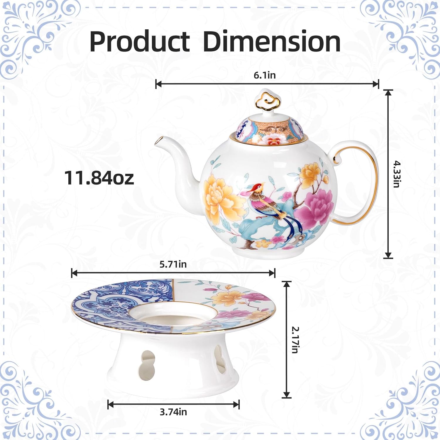 KAMMAK 11.84 oz porcelain teapot with teapot warmer and gold trim