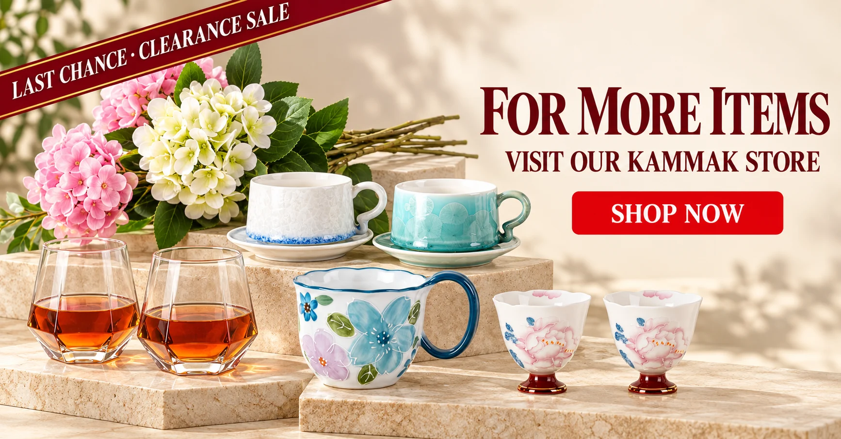 KAMMAK clearance sale featuring pink and cream hydrangea stems, glaze cups and saucers, hexagonal whiskey glasses, a floral ceramic mug and scalloped peony tea cups