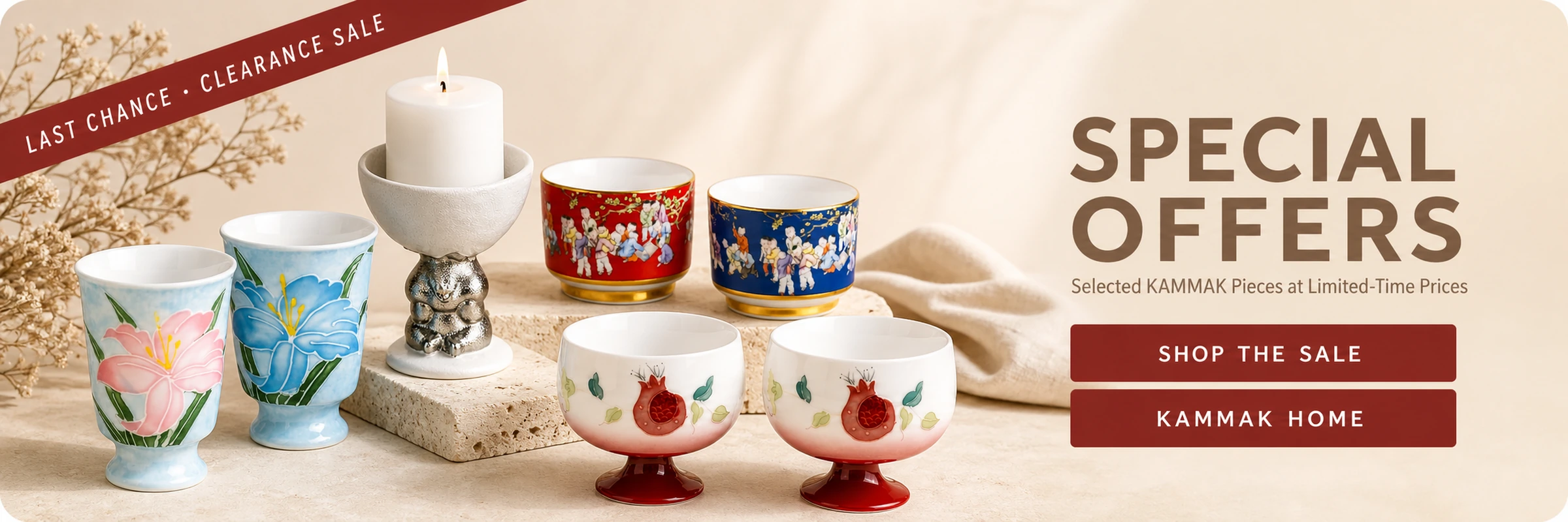 KAMMAK Special Offers featuring lily ceramic tea cups, a rabbit candle holder, red and blue porcelain tea cups, and pomegranate footed tea cups