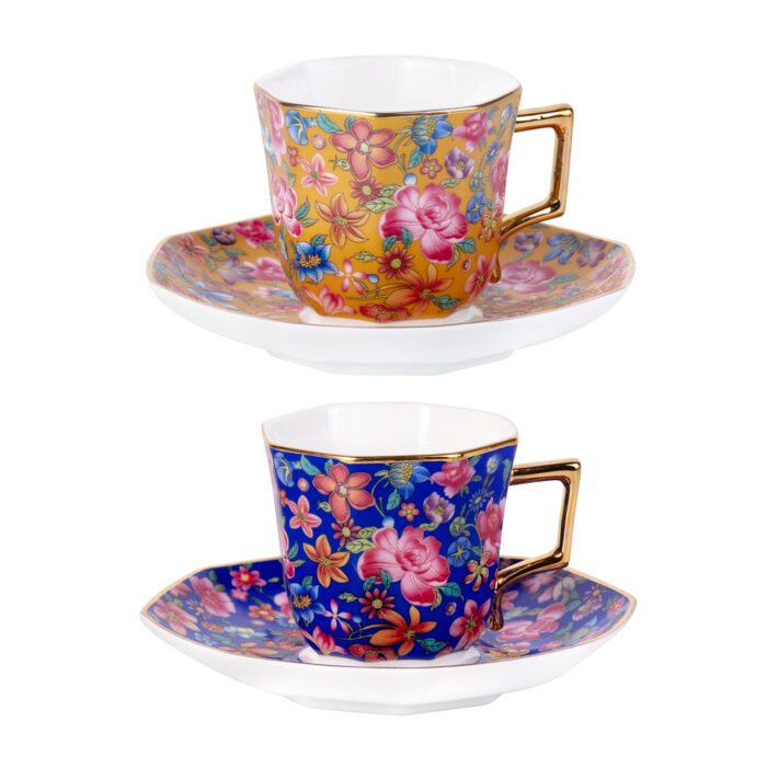 Tea Cups and Saucers Set of 2, Porcelain Coffee Cup - Image 2