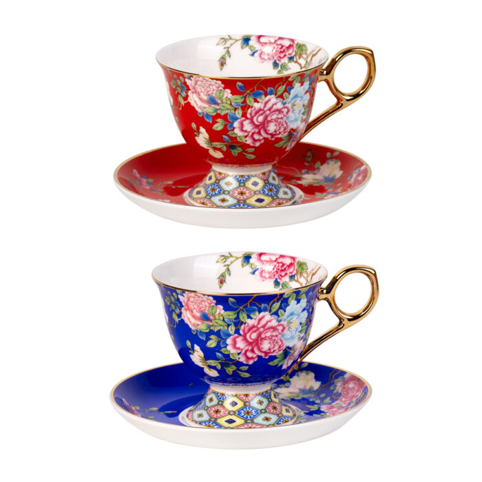 Tea Cups and Saucers Set of 2, Porcelain Coffee Cup - Image 2