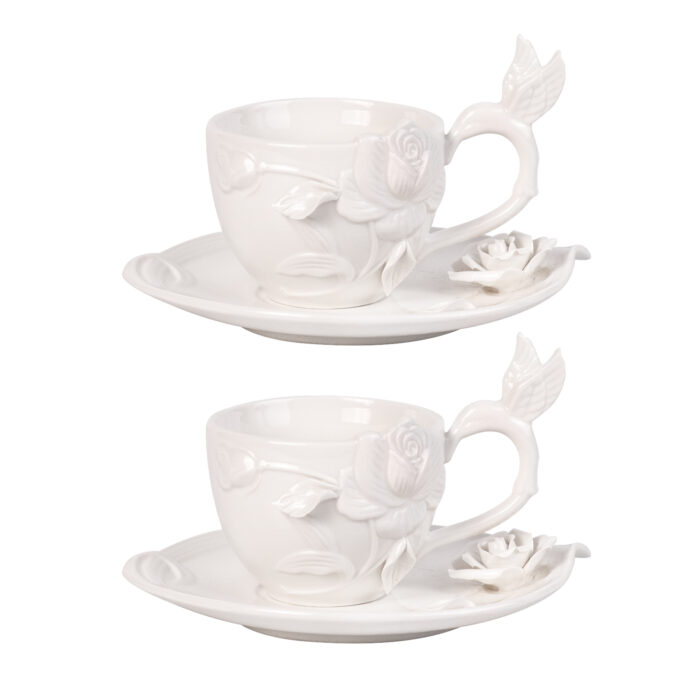 Tea Cups and Saucers Set of 2, Porcelain Coffee Cups - Image 2