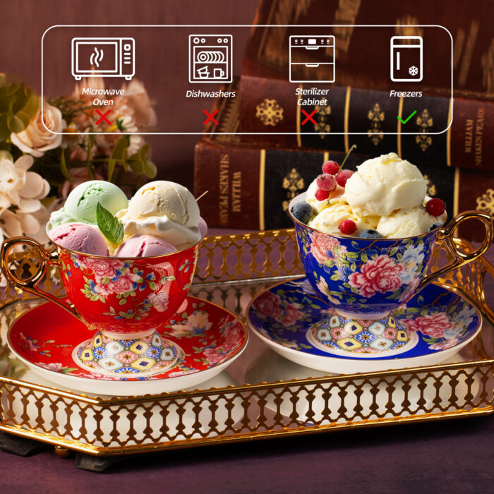 Tea Cups and Saucers Set of 2, Porcelain Coffee Cup - Image 5