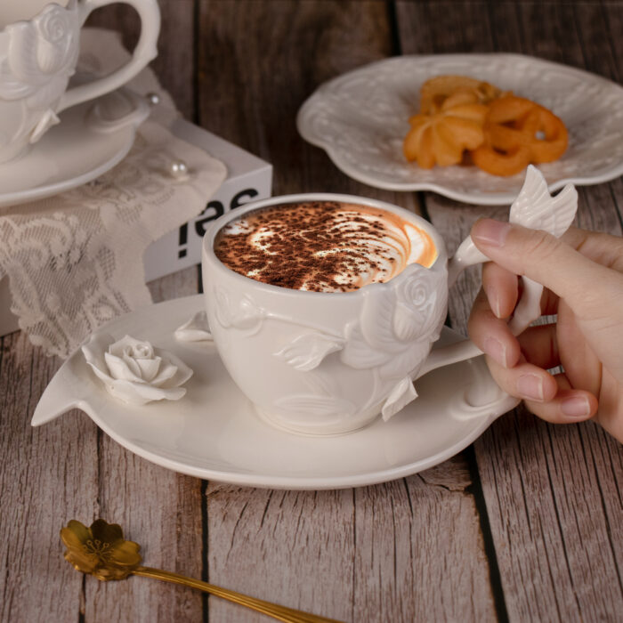 Tea Cups and Saucers Set of 2, Porcelain Coffee Cups - Image 3