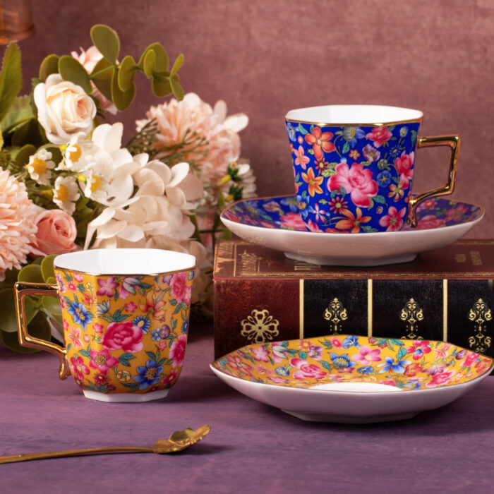 coffee cups5 Tea Cups and Saucers Set of 2, Porcelain Coffee Cup - Image 1