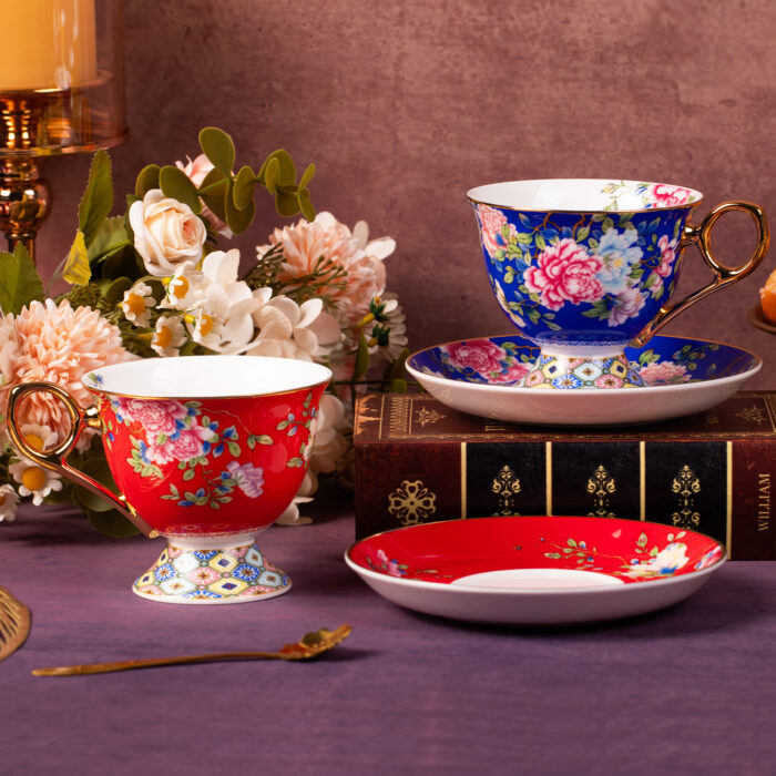 coffee cups5 Tea Cups and Saucers Set of 2, Porcelain Coffee Cup - Image 1