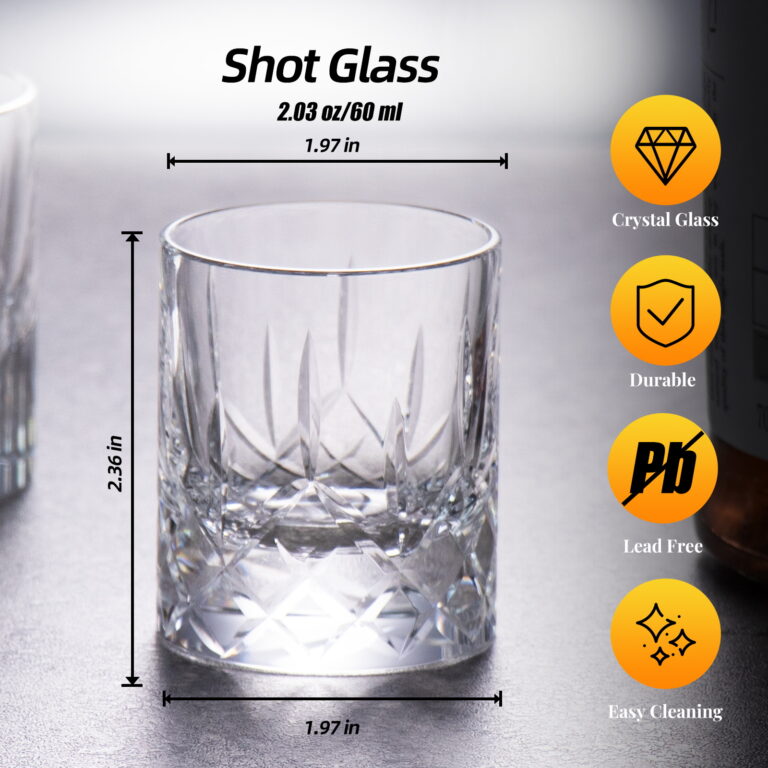 Crystal Whiskey Glasses, Clear Cut 2.03 oz Tasting Glasses, Set of 2 - KAMMAK – product dimensions