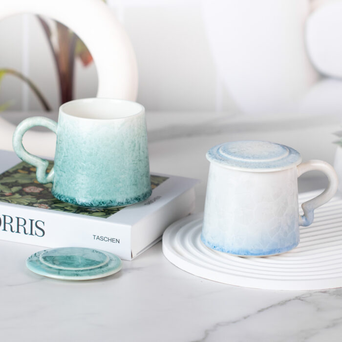 Coffee Mug with Lid, Porcelain Tea Cups - Image 1