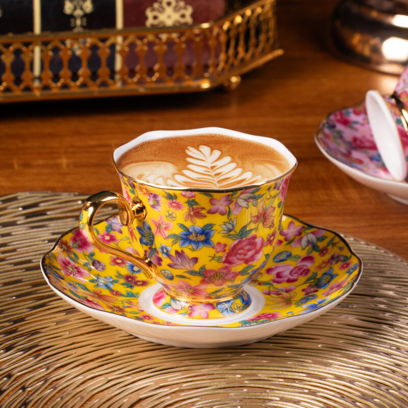 KAMMAK pink and yellow vintage floral porcelain cups and saucers with gilded details