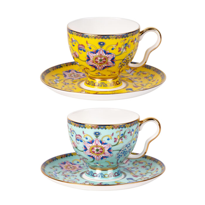 Tea Cups and Saucers Set of 2, Porcelain Coffee Cups - Image 2