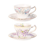 Tea Cups and Saucers Set of 2, Reinforced Porcelain Coffee Cups
