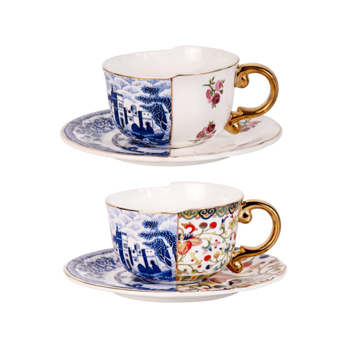 Tea Cups and Saucers Set of 2, Fine Bone China Coffee Cups - Image 2