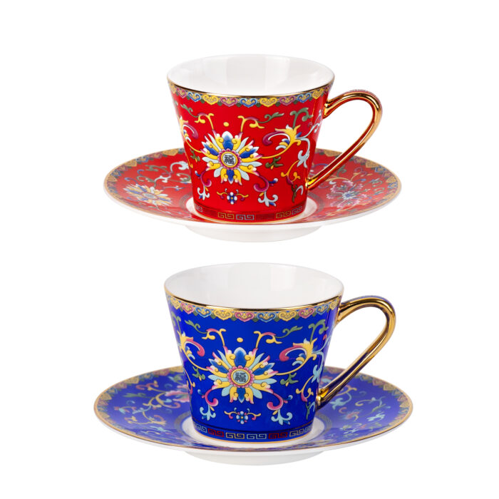 Tea Cups and Saucers Set of 2, Porcelain Coffee Cup - Image 2