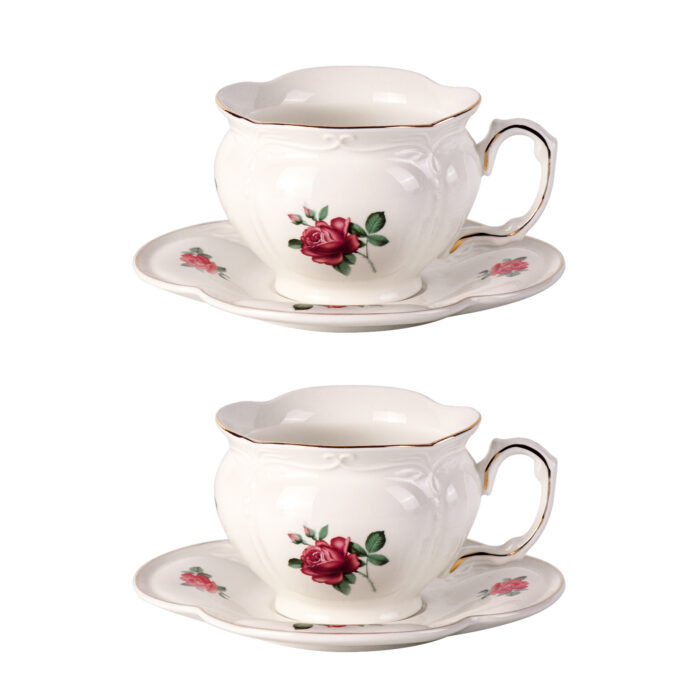 Tea Cups and Saucers Set of 2, Porcelain Coffee Cups - Image 2