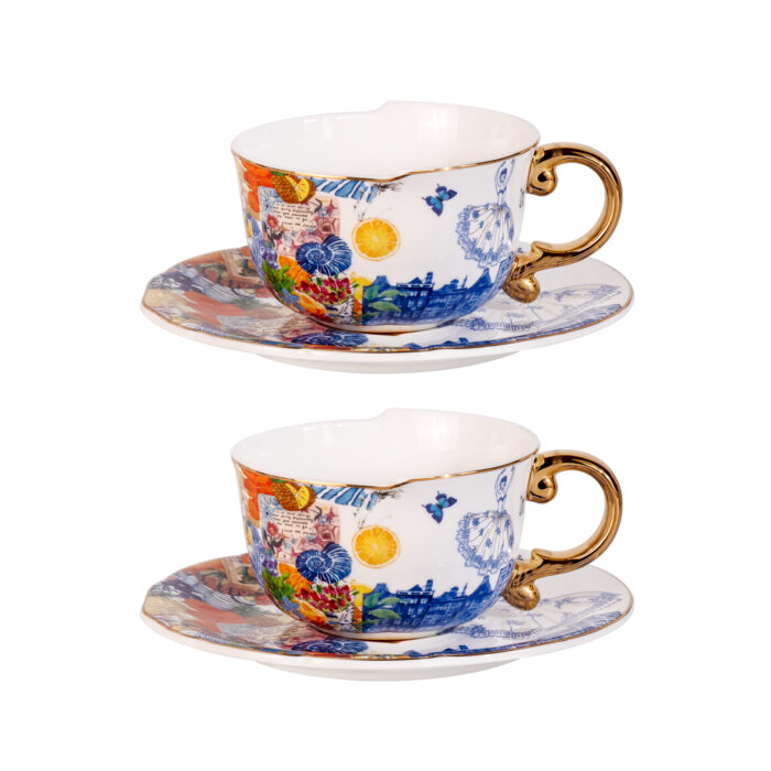 Tea Cups and Saucers Set of 2 Fine Bone China Coffee Cups - Image 2