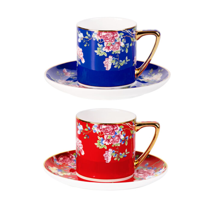 Tea Cups and Saucers Set of 2, Porcelain Coffee Cups - Image 2