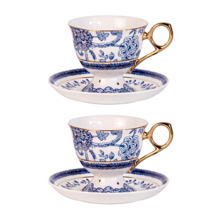Tea Cups and Saucers Set of 2, Fine Bone China Coffee Cups - Image 2