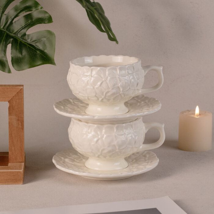 Tea Cups and Saucers Set of 2, Porcelain Coffee Cups - Image 5
