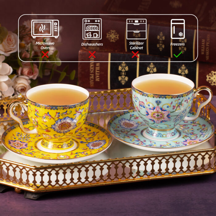 Tea Cups and Saucers Set of 2, Porcelain Coffee Cups - Image 5