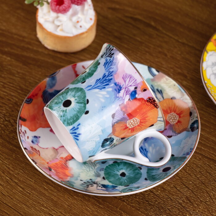 Tea Cups and Saucers Set of 2, Reinforced Porcelain Coffee Cups - Image 4
