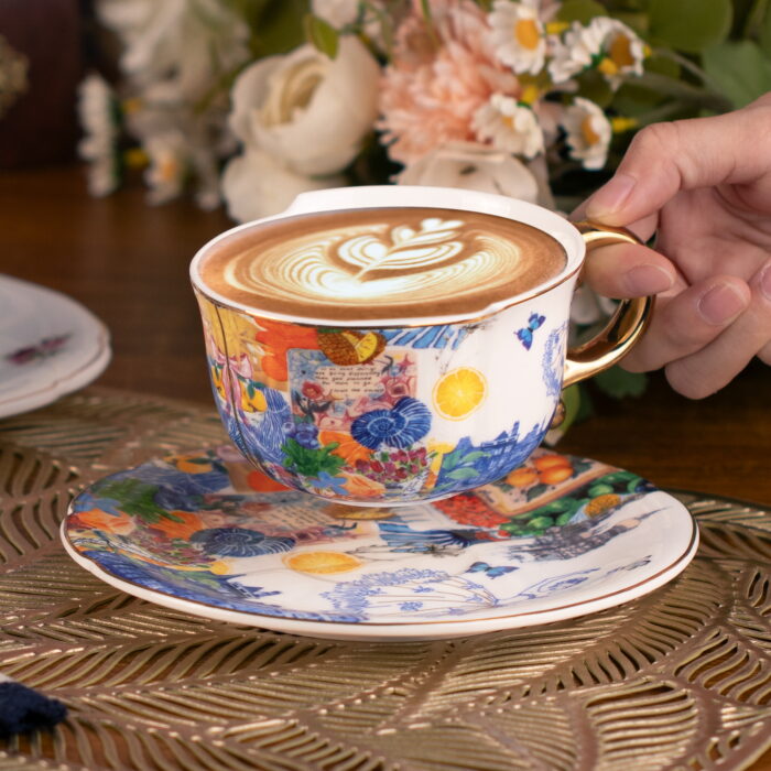 Tea Cups and Saucers Set of 2 Fine Bone China Coffee Cups - Image 3