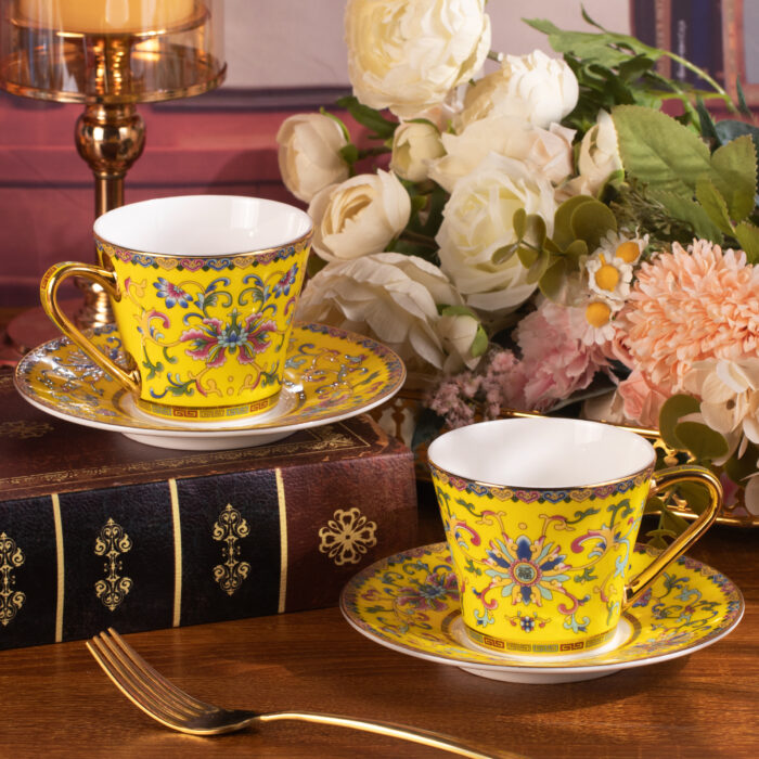 Tea Cups and Saucers Set of 2, Porcelain Coffee Cups - Image 2