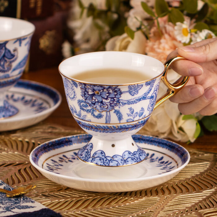 Tea Cups and Saucers Set of 2, Fine Bone China Coffee Cups - Image 3