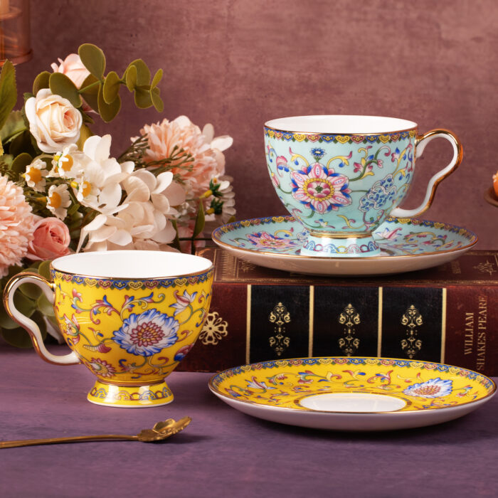 Tea Cups and Saucers Set of 2, Porcelain Coffee Cups - Image 1