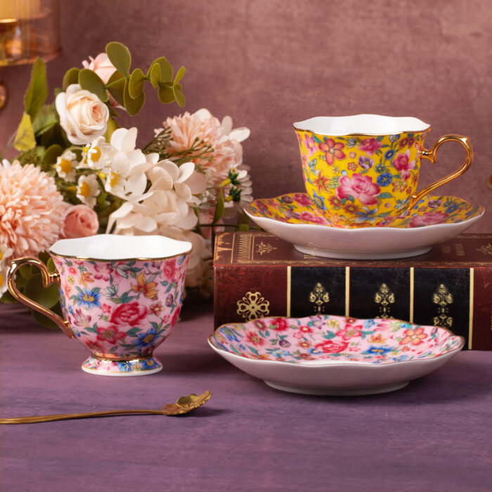 Tea Cups and Saucers Set of 2, Porcelain Coffee Cups - Image 1