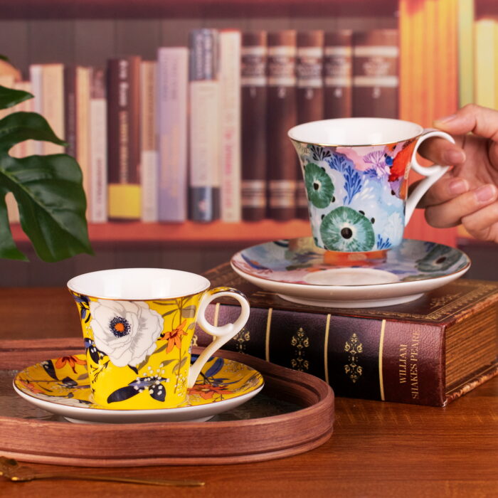 Tea Cups and Saucers Set of 2, Reinforced Porcelain Coffee Cups - Image 1