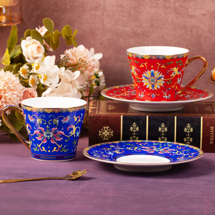 coffee cups5 Tea Cups and Saucers Set of 2, Porcelain Coffee Cup - Image 1