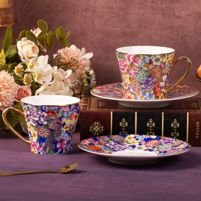 Tea Cups and Saucers Set of 2, Porcelain Coffee Cup - Image 1